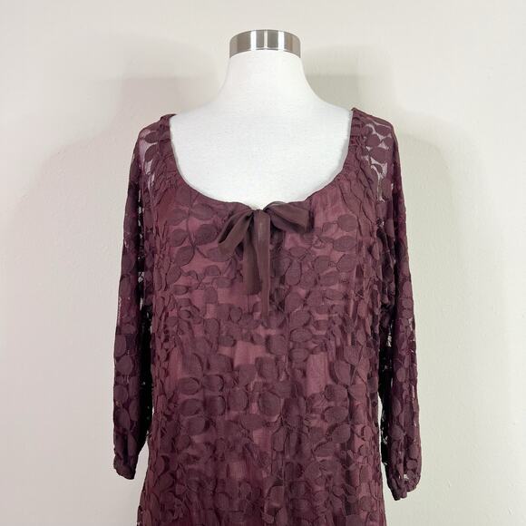 Garnet Hill | Boheme Plum Brown Lace Easy Tie Scoop Neck 3/4 Sleeve Dress 12 EUC - Picture 3 of 10
